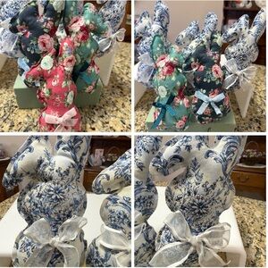 6 -Set of Floral Fabric Bunny Decorations - Blue, Green, Pink